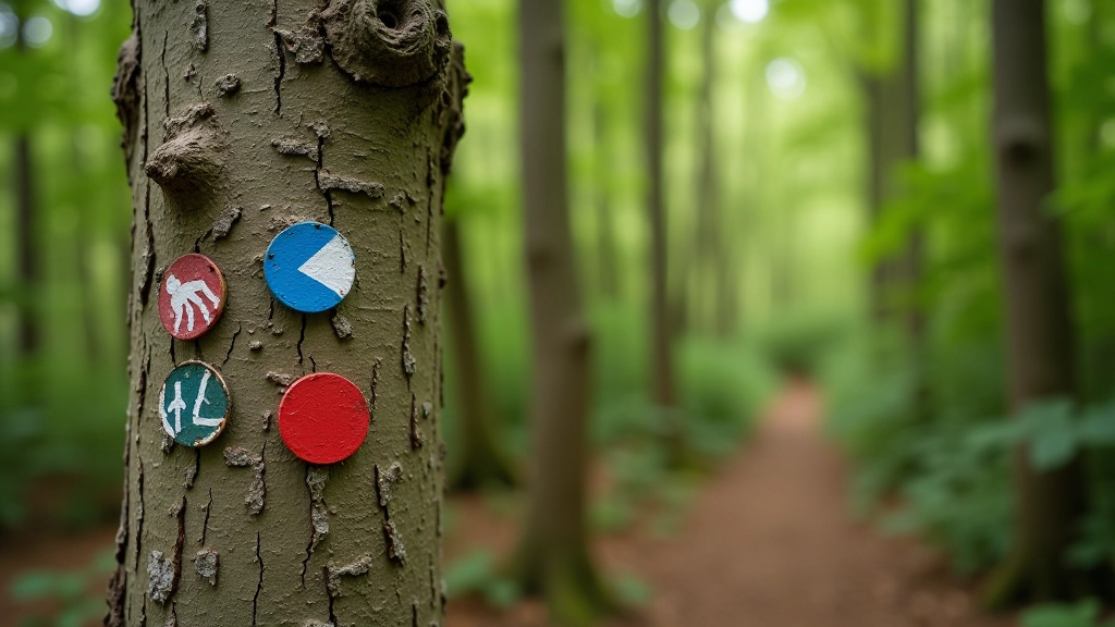 Close-up view of red, blue, and white painted trail markers on tree bark showing different blaze patterns and maintenance conditions