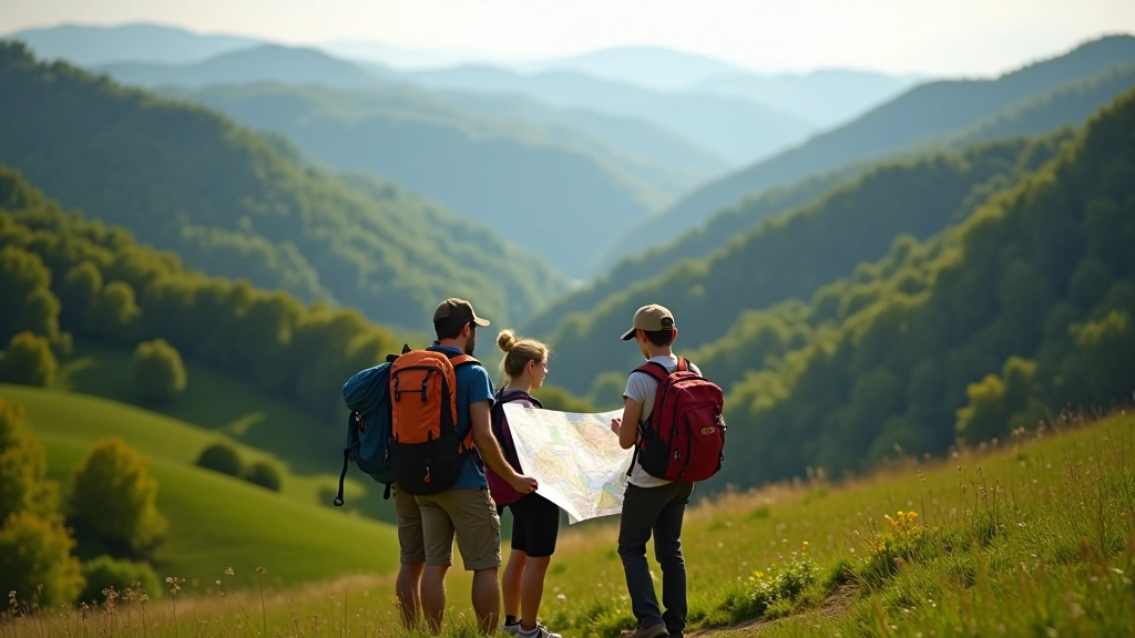 Hikers looking at map in scenic mountain valley