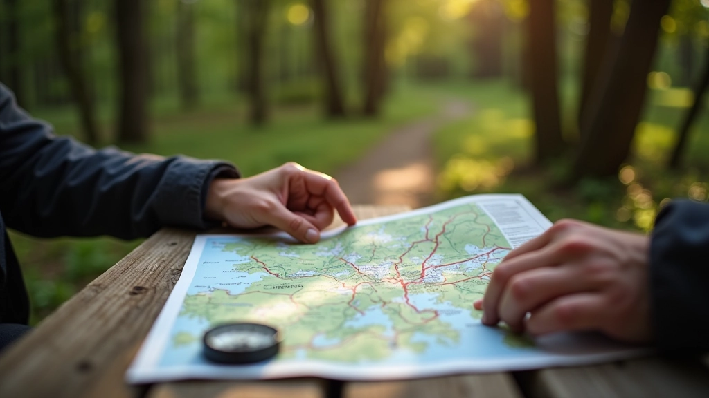 Hiker studying printed trail map at a wooden picnic table in forest clearing, morning sunlight filtering through trees, map and compass on table