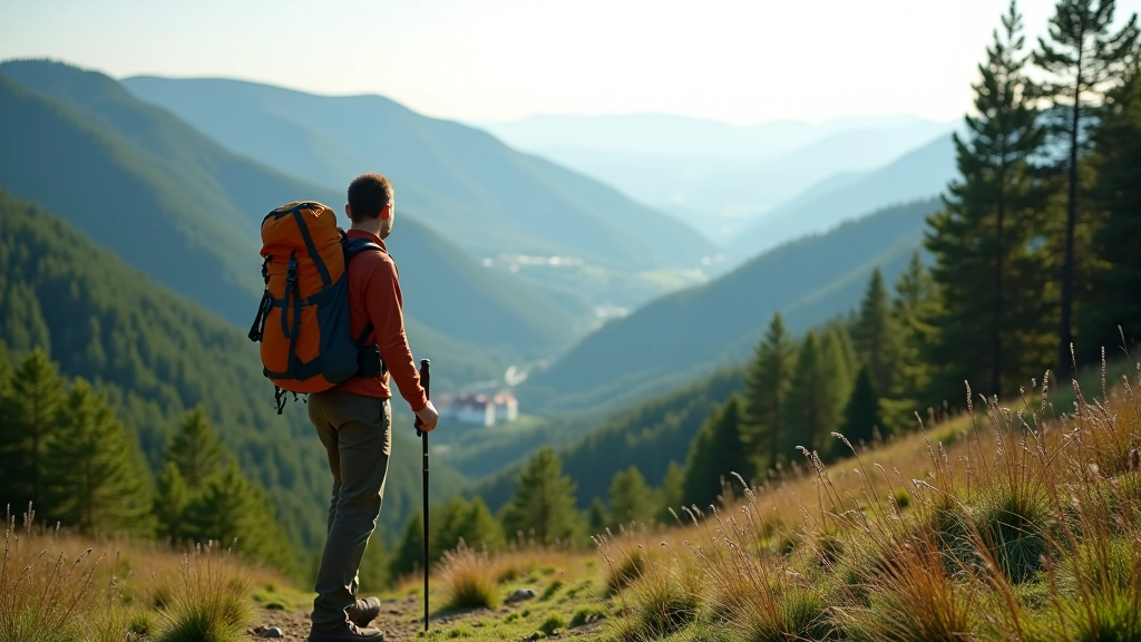 Hiker on mountain trail overlooking valley with castle visible in distance and multiple layers of forested hills