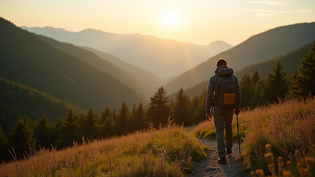 Hiker standing on scenic trail with mountains and forest landscape in background