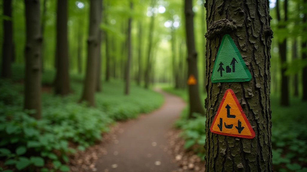 Detailed diagram showing all three Czech blaze colors on forest path with clear trail markings visible from hiker perspective