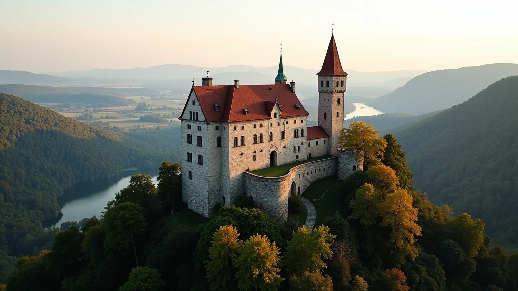 Castle perched on rocky outcrop with river valley below and forested terrain stretching to the horizon