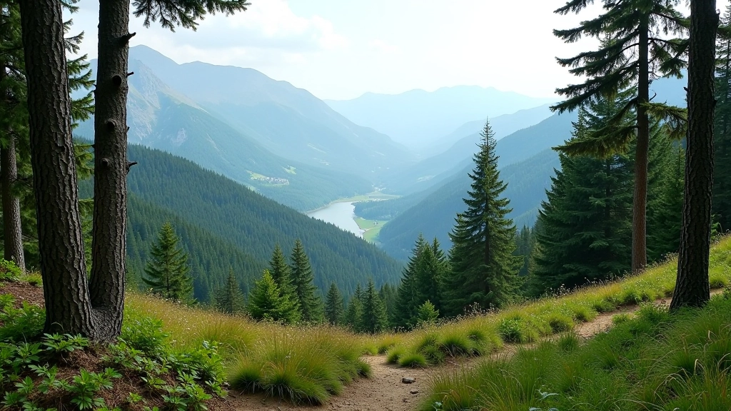 Mountain landscape showing multiple hiking trails with visible blaze markers across forested valleys and slopes with distant peaks