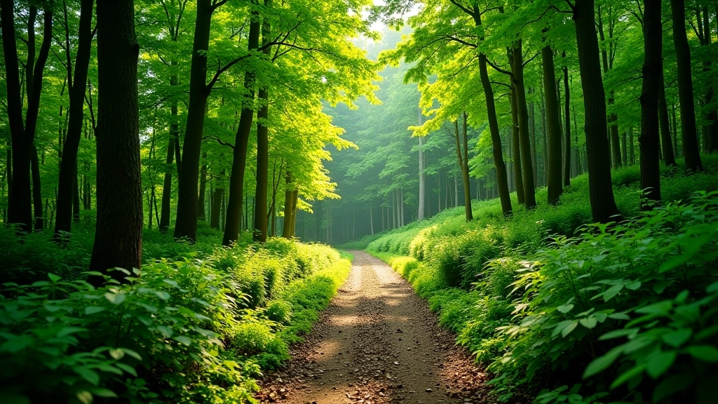 Narrow hiking trail winding through beech forest with minimal infrastructure, dappled sunlight through trees