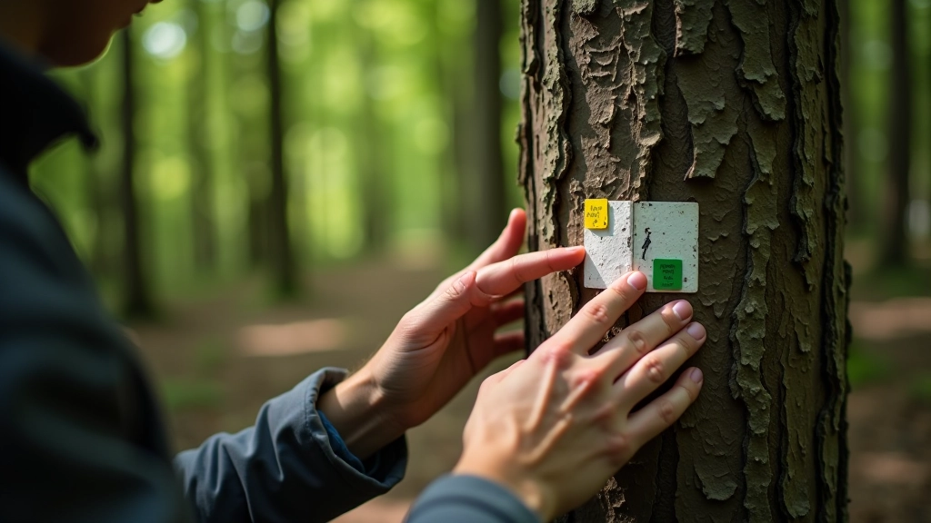 Hiker examining painted trail marker on forest tree, demonstrating how to properly identify and follow blaze marks
