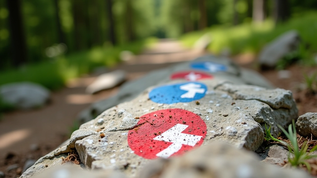 Red, blue, and green painted blazes on tree bark showing Czech trail marking system