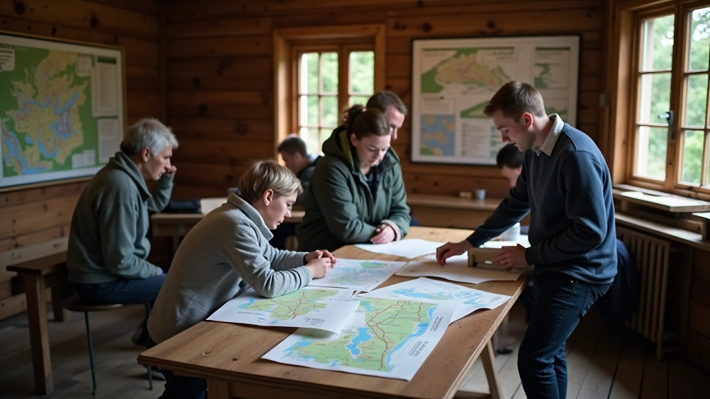 Information center building with maps and displays, visitors looking at wall-mounted park information