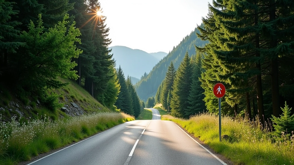 Winding mountain road through forested landscape with hiking trail sign and parking area visible
