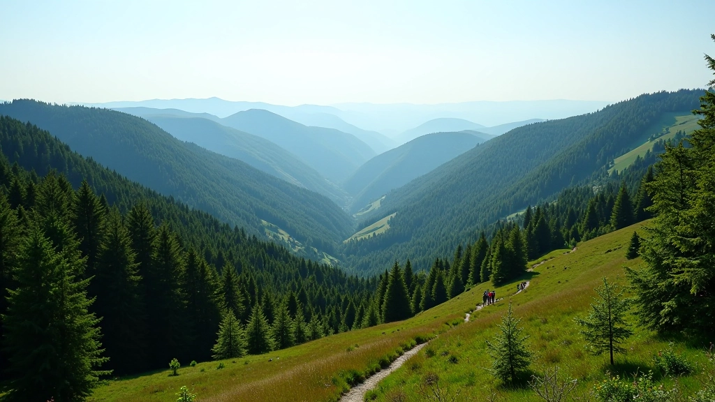 Panoramic view of Šumavský National Park with forested hills and hiking trails visible