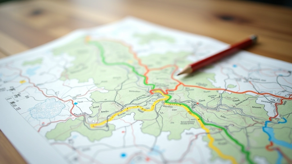Detailed topographic trail map showing elevation contours, colored hiking routes, and park boundaries spread on a table with a pencil marking a route