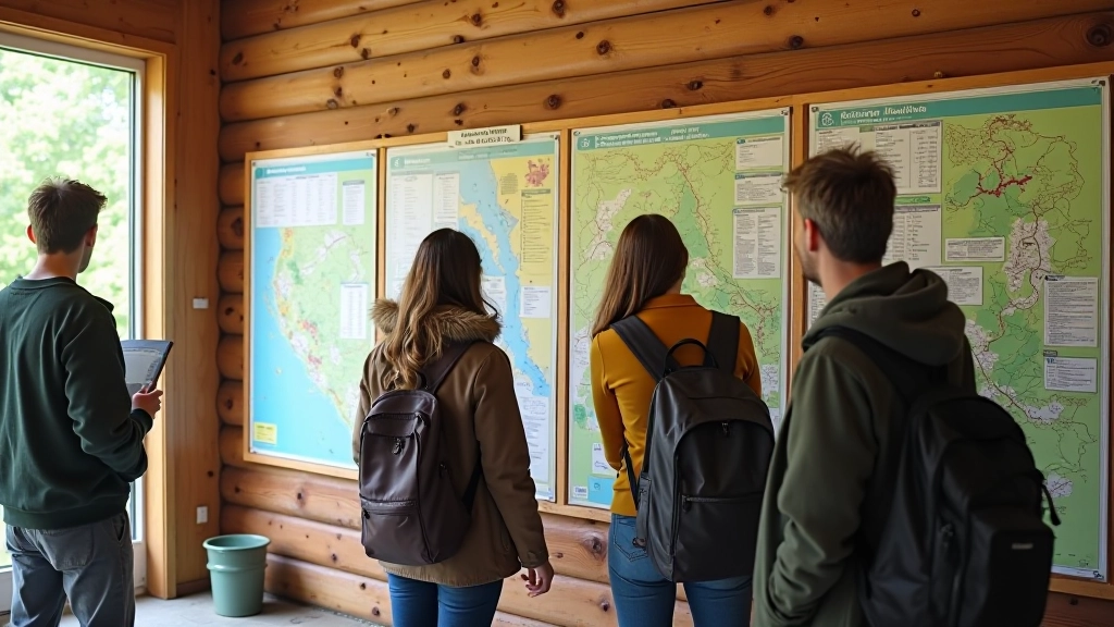 Interior of visitor center with colorful trail maps on walls, information brochures in display racks, and people studying large map boards