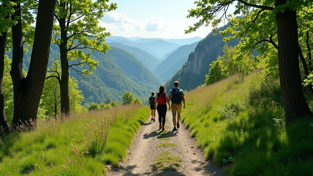 Well-maintained hiking trail with red blaze markers, groups of hikers walking, scenic valley view in background