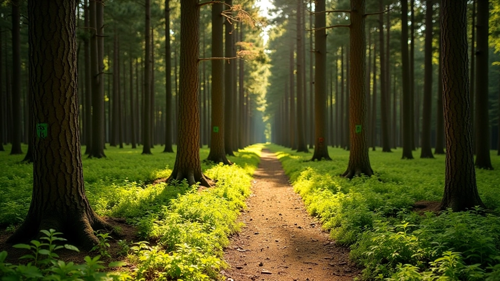 Panoramic view of forested hiking trail with multiple blazes visible on trees leading into the distance showing clear trail corridor